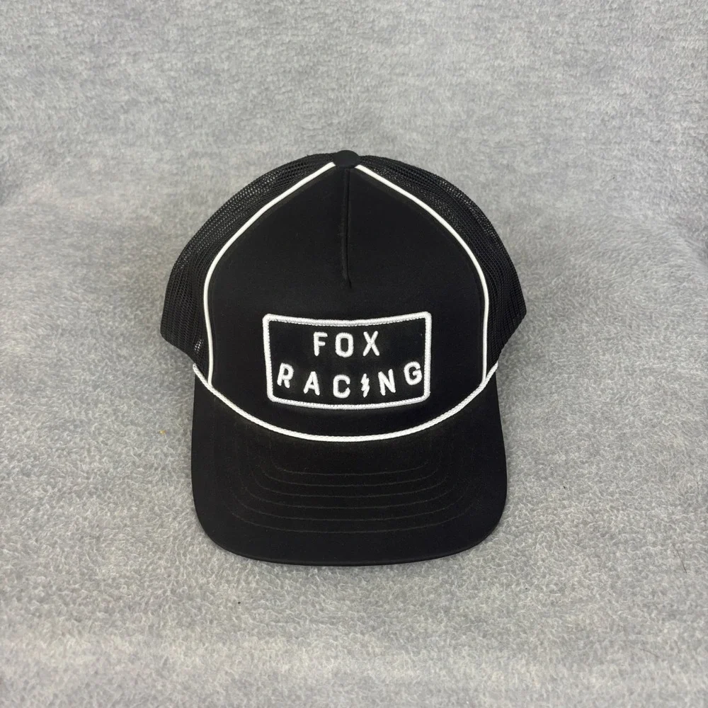 Fox Racing Hat Mens OSFA Black‎ Mesh Snapback Trucker Cap White Piping Logo
